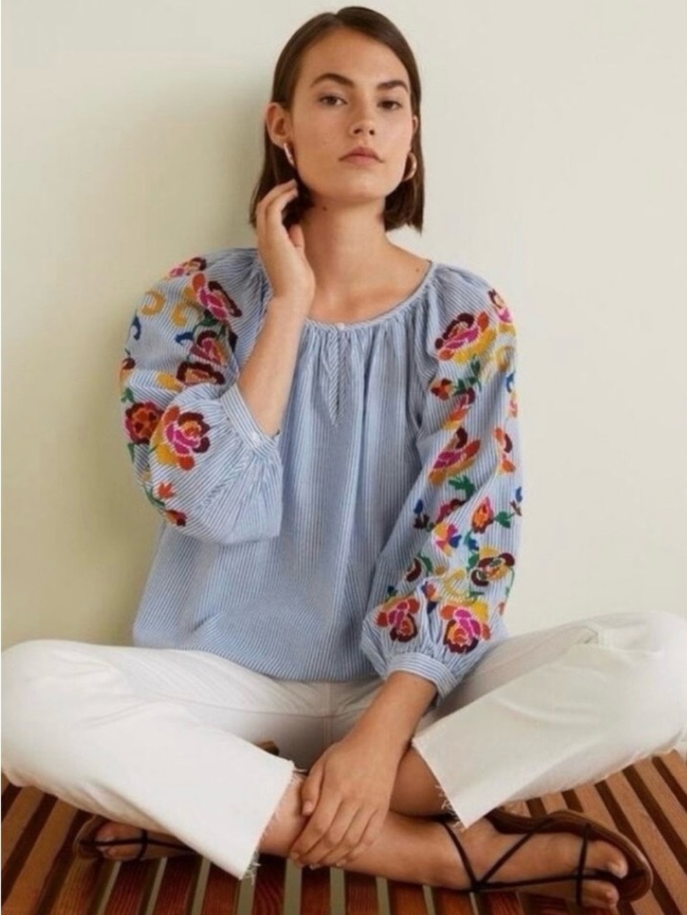 Anthropologie Floreat | Womens Blue/White Striped VNeck Embroidered Sleeve Top L - Picture 16 of 16